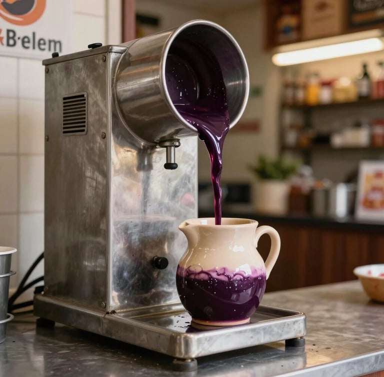 A traditional stainless steel açaí beating machine in a clean local Belém shop, thick dark purple liquid pouring smoothly into a ceramic jug, realistic warm storefront lighting.