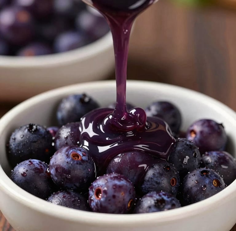 Thick purple açaí flowing into a white clay bowl, showing rich texture and deep color without any toppings, close-up shot
