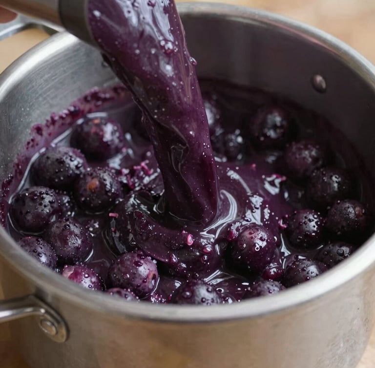 Close-up of thick purple açaí being beaten in a stainless steel machine, organic textures, natural daylight