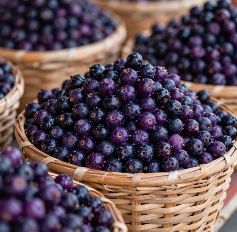 Close-up of fresh purple açaí berries piled high in traditional wicker paneiro baskets at the Ver-o-Peso market in Belém, natural humid daylight.