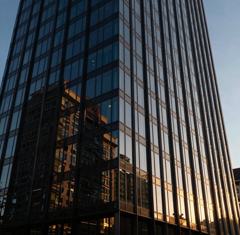 Wide-angle architectural shot of a modern glass high-rise at golden hour, sharp dramatic reflections, deep obsidian and royal blue tones, 35mm