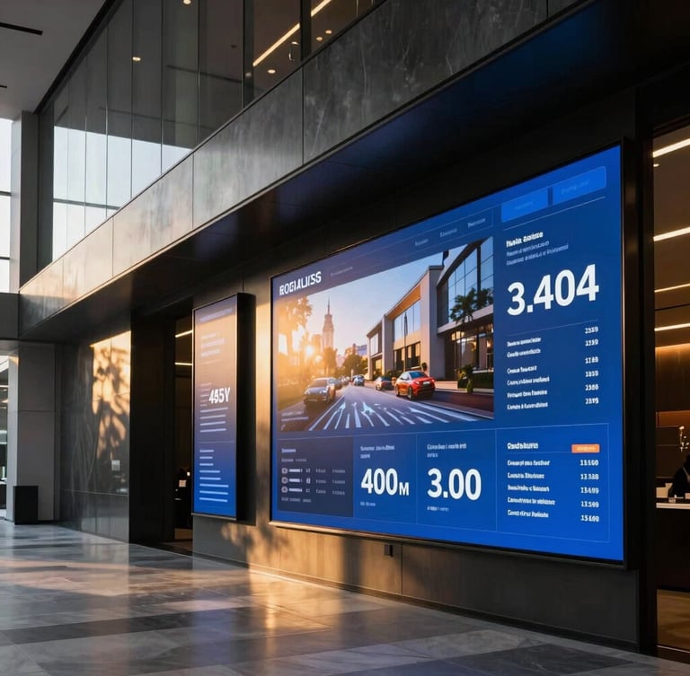 Sleek modern architectural interior with high-end digital displays showing real estate analytics, dramatic lighting, sharp focus, 35mm