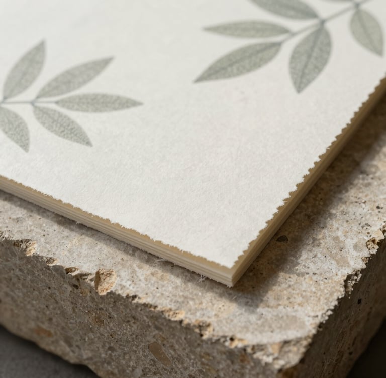 Macro detail of textured deckled-edge paper resting on a flat sandstone block, soft overcast daylight, desaturated sage leaves casting a gentle shadow on the side.