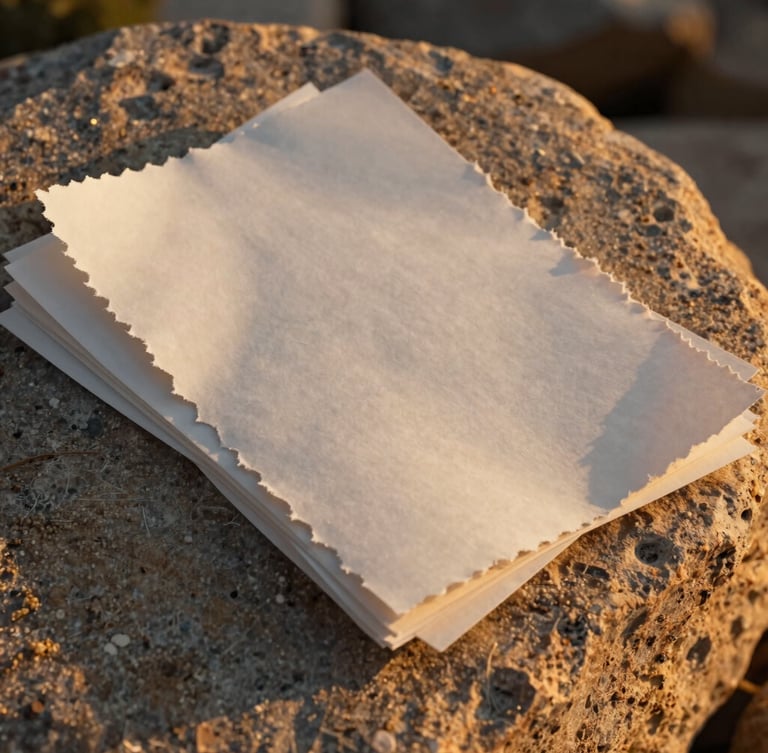 Wide-angle portrait view of textured, deckled-edge paper sheets resting on a raw sandstone block, illuminated by soft late-afternoon Wyoming golden hour light.