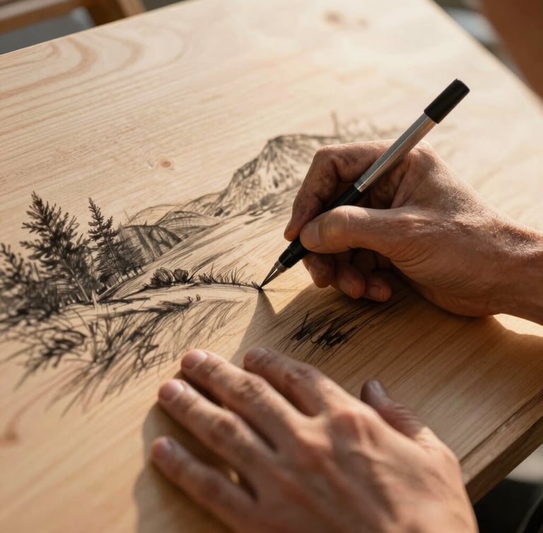 Close-up of artist hands covered in charcoal sketching a landscape on raw pine wood grain, warm late afternoon golden hour light, shallow depth of field.