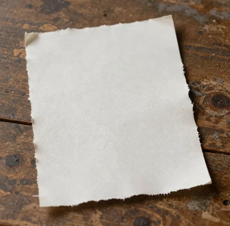 A vertical portrait of raw textured deckled-edge paper resting on a weathered wooden table, soft natural side lighting, minimalist composition.