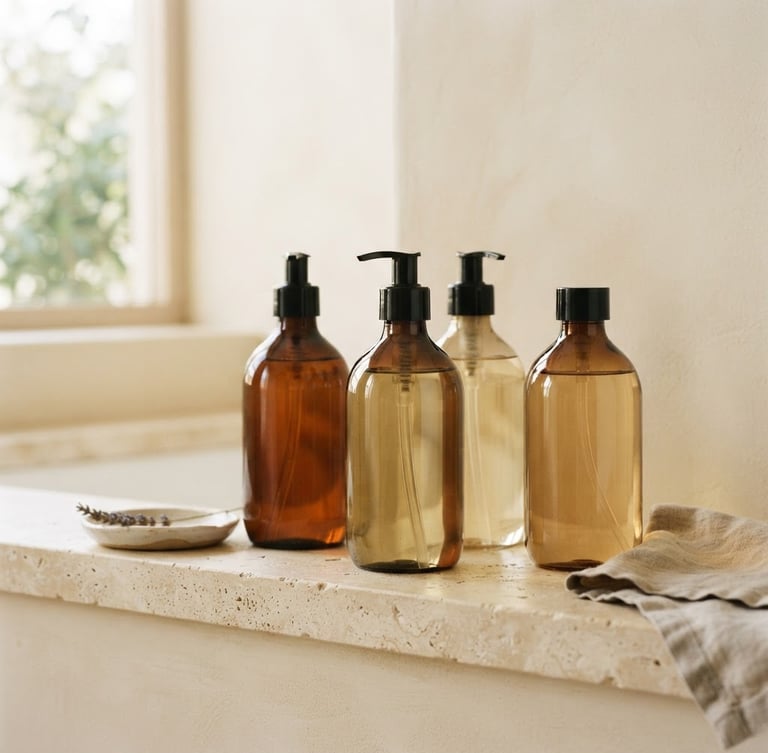 Editorial product shot of elegant Dellisi liquid soap bottles on a clean stone shelf, soft morning light, warm cream background, minimalist composition