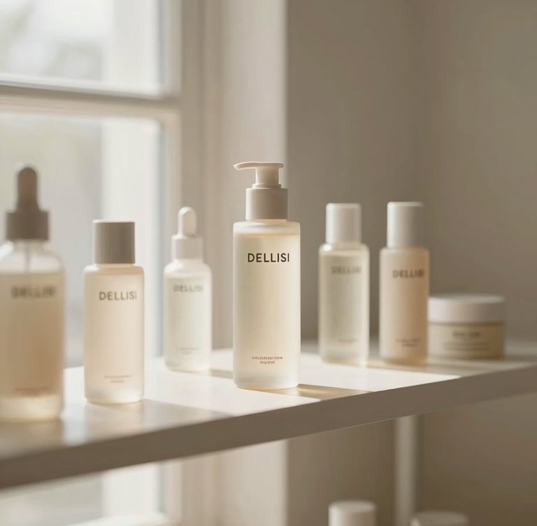 An elegant retail shelf mockup displaying minimalist Dellisi cosmetic bottles, soft morning window light, warm cream tones, shallow depth of field, 35mm