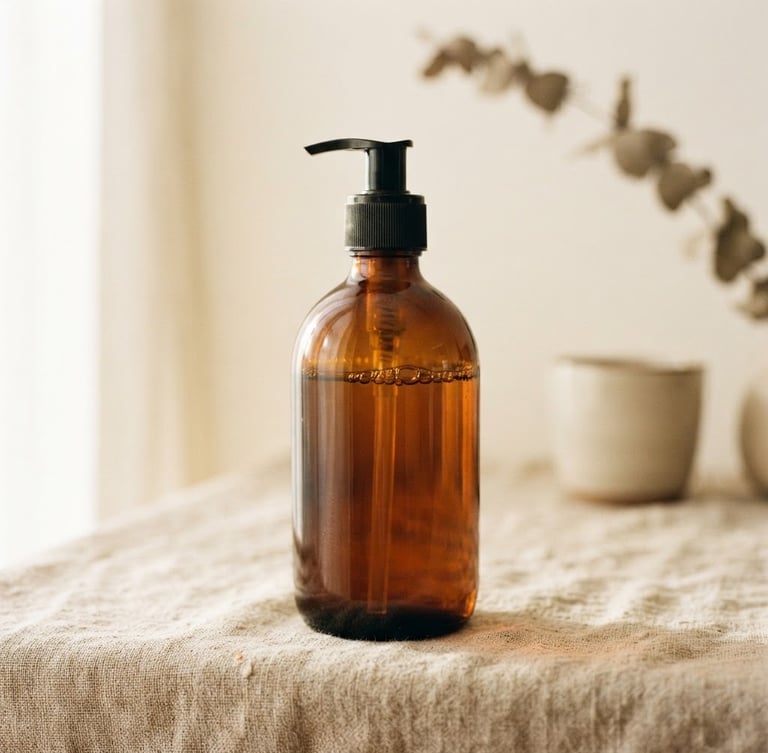 Editorial macro shot of an elegant Dellisi amber glass liquid soap bottle on a raw linen surface, soft morning window light, warm cream tones, shallow depth of field, 35mm