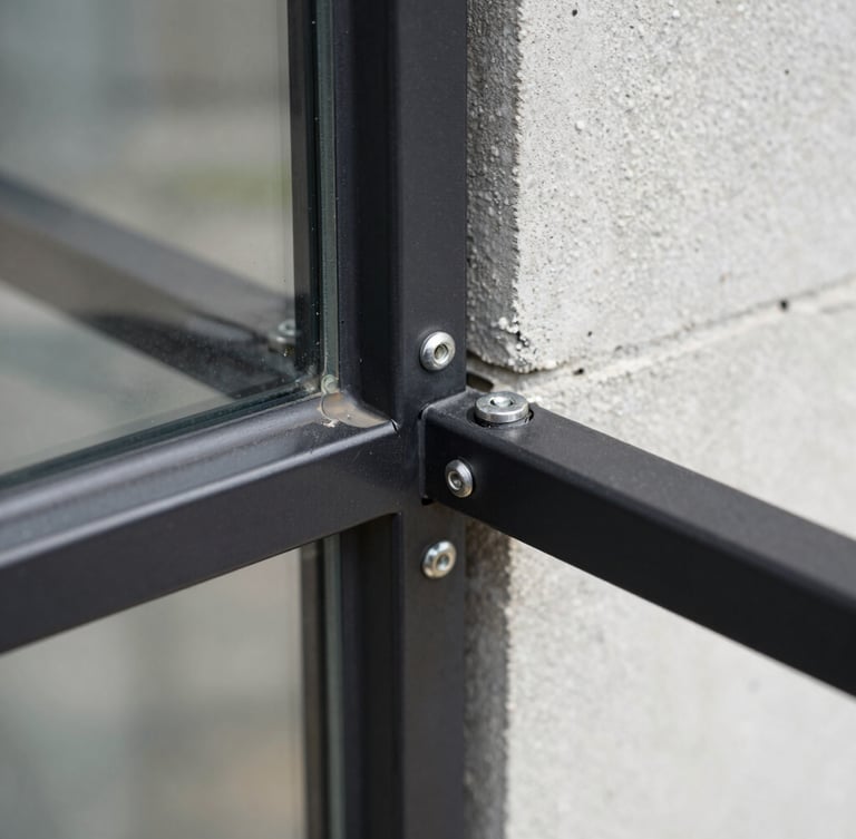 Close-up of a matte black metal profile glass joint meeting a concrete wall, crisp natural daylight, sharp focus on the zero-clearance hardware