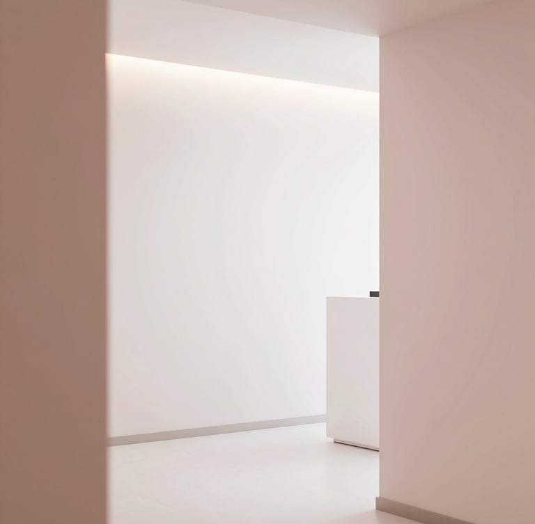 Serene minimalist clinic interior with soft warm lighting, white walls, and elegant dusty rose details, architectural lines