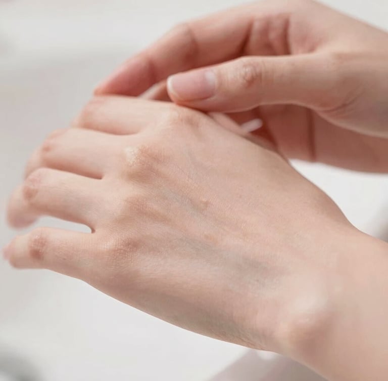 Close-up of glowing clean skin with soft-focus hands, warm diffused daylight, muted dusty rose tones, shallow depth of field