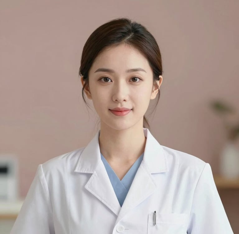 Elegant portrait of a clinical professional in a clean white coat, soft-focus background, warm lighting, serene atmosphere