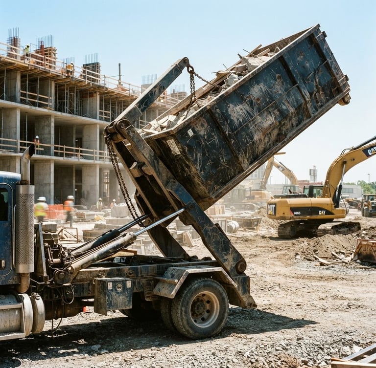 Rugged industrial photography of a heavy-duty steel roll-off dumpster on an active construction site, hydraulic truck arm lifting the container, bright direct sunlight, deep shadows, 35mm