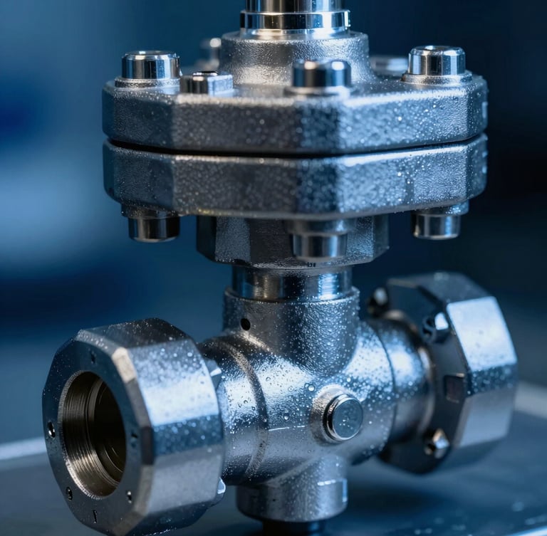 Macro close-up of a stainless steel pneumatic control valve, dramatic side-lighting, deep blue and steel tones, sharp focus, 50mm