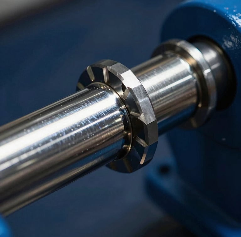 Macro close-up of a heavy-duty hydraulic piston shaft, chrome steel reflection under dramatic side-lighting, industrial navy background, 50mm