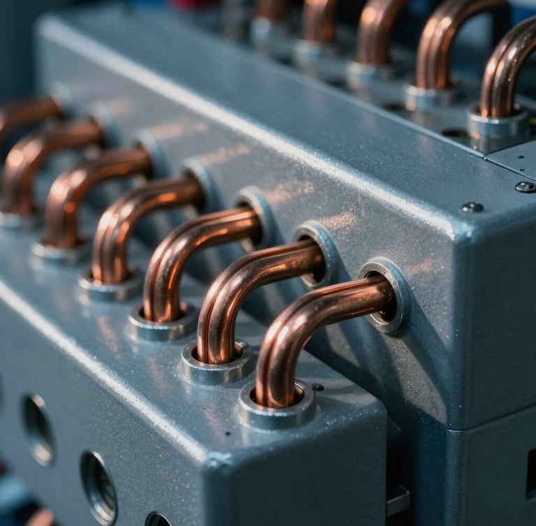 Macro close-up of a heavy industrial electrical switchgear panel, copper busbars, sharp side-lighting, metallic reflections, steel tones, 50mm