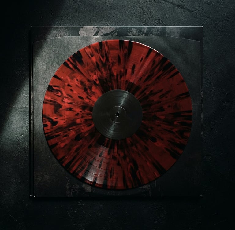 Top-down flat lay of a splatter vinyl record, dark blood-red and black wax, resting on a heavy textured gatefold jacket, dramatic chiaroscuro lighting, harsh shadows, 35mm film.