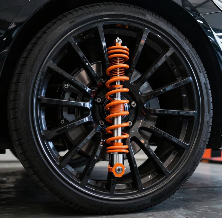 Dramatic close-up of a bright orange heavy-duty suspension coil and custom shock absorber installed behind a massive deep-dish black alloy wheel, metallic reflections, clean shop bay.