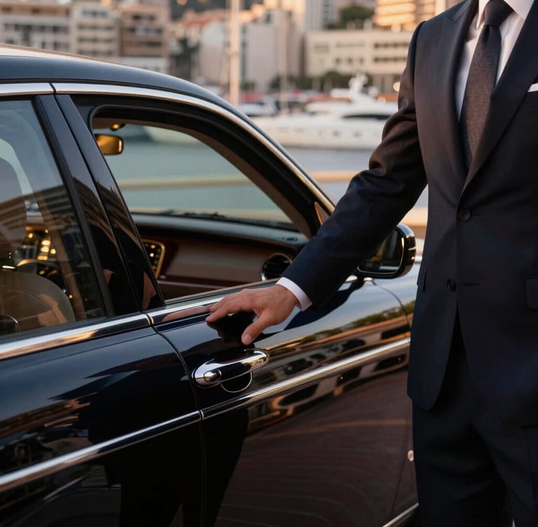Elegant close up of a chauffeur in a tailored dark suit holding open the door of a polished black luxury sedan, soft warm evening light in Monaco harbor, yachts blurred in the background, cinematic 35mm.