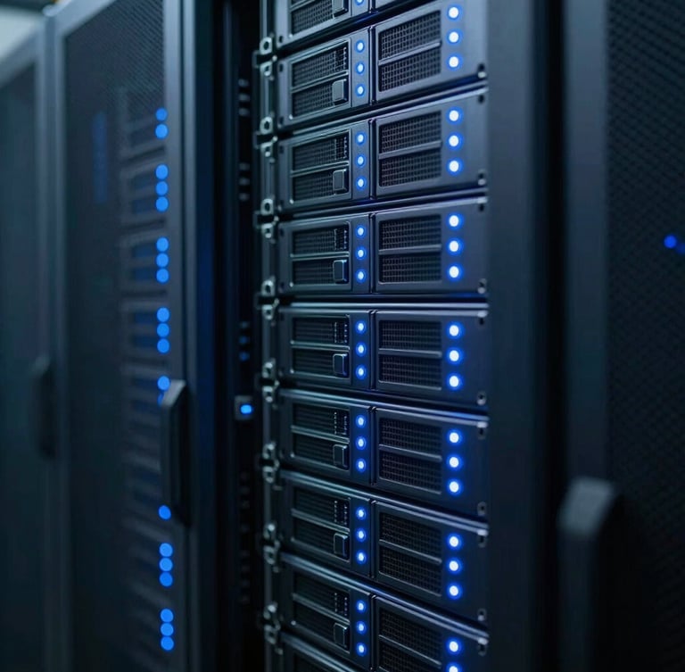 Macro shot of a high-density server rack with blue indicator lights flashing, cool-toned technical photography, 50mm lens, shallow depth of field