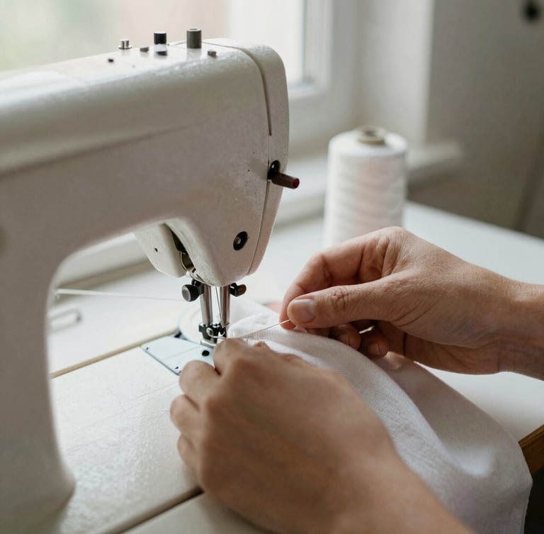 Close-up of a craftsman's hands operating a heavy sewing machine, stitching a clean seam with natural cotton thread, soft window light