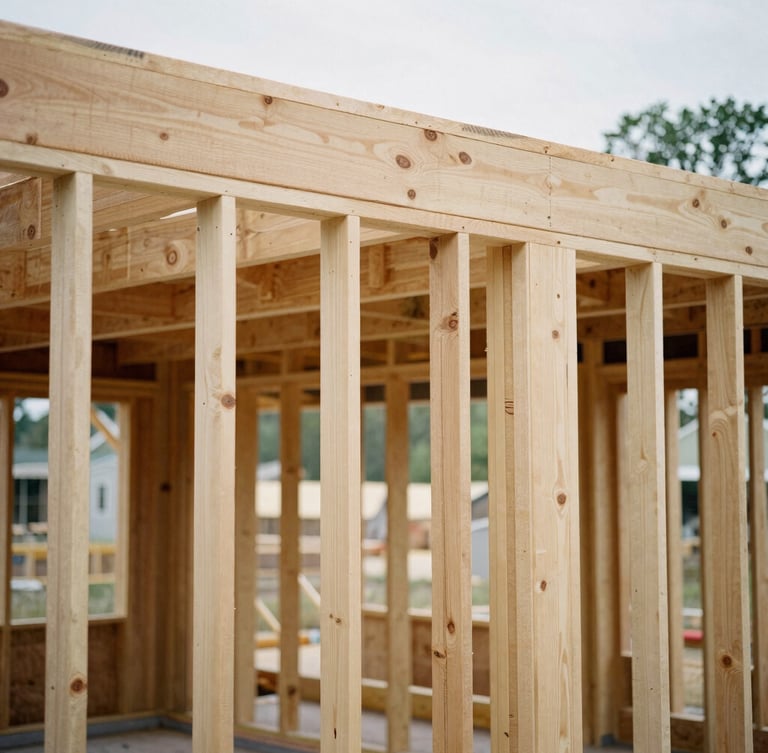 Detailed close-up of heavy timber joinery on an active but orderly Maryland residential construction site, natural daylight, crisp structural lines