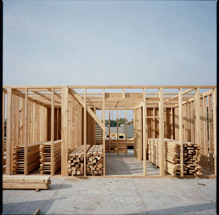 Straight-on architectural elevation of a residential framing site, exposed heavy timber rafters, crisp natural daylight, neat stacks of lumber, clean concrete slab