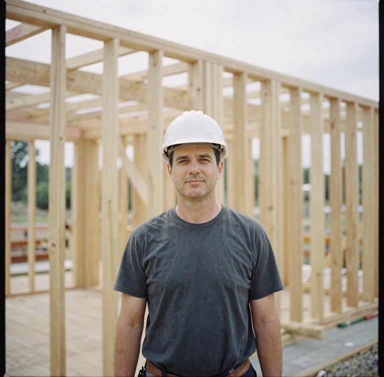 A professional honest portrait of a lead builder on an active, orderly framing site in Maryland, natural daylight, timber framing visible in the background, medium format film