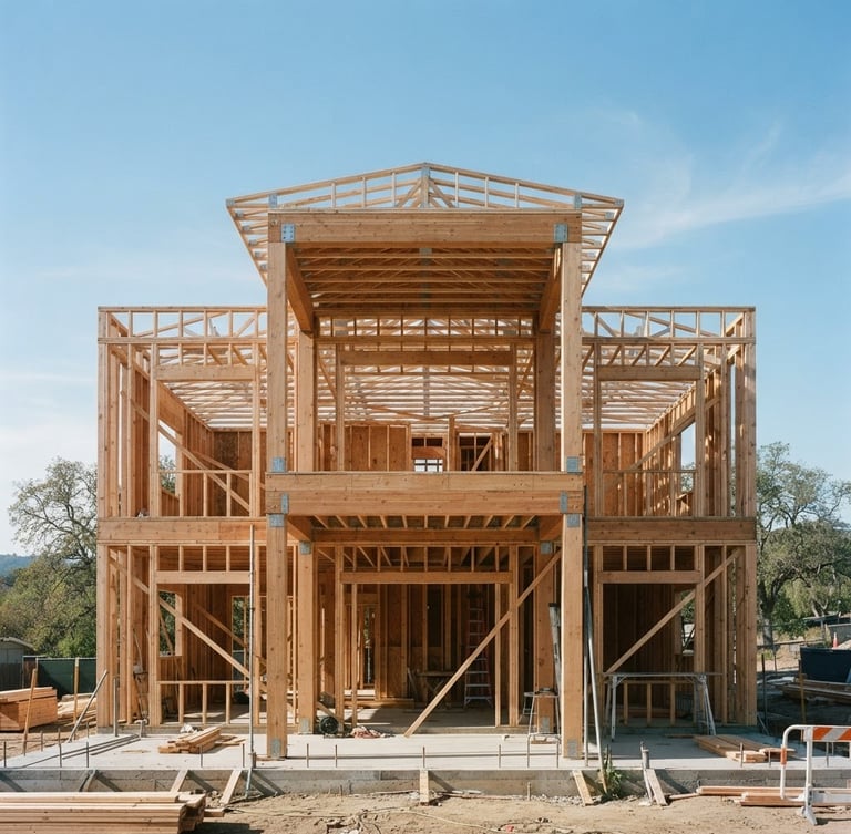 Straight-on architectural elevation of a modern custom home framing phase, clean timber posts against a clear sky, natural daylight, medium format film