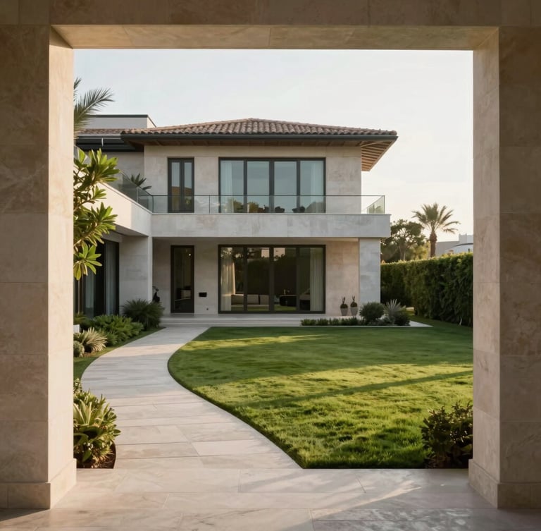 Elegant editorial photography of a modern luxury villa in Valencia with a perfectly manicured lawn, clean stone pathways, soft morning sunlight, architectural framing, 35mm lens