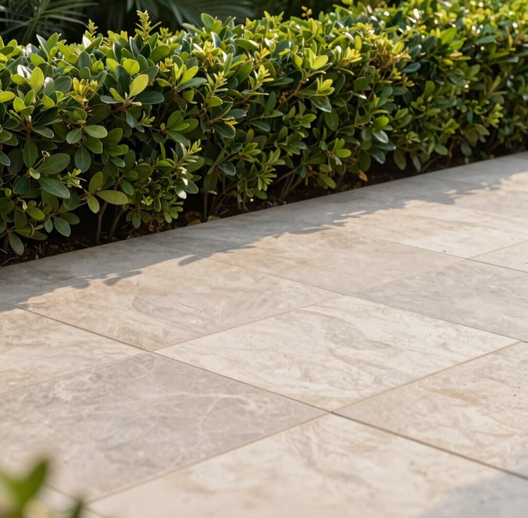 Close-up editorial photography of clean stone terrace tiles meeting a lush green hedge, sharp lines, professional tools, soft afternoon light, elegant composition