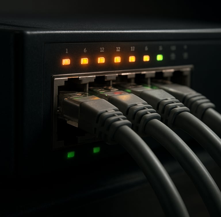 Macro close-up of a Cisco switch with active amber and green status lights, structured ethernet cables neatly terminated