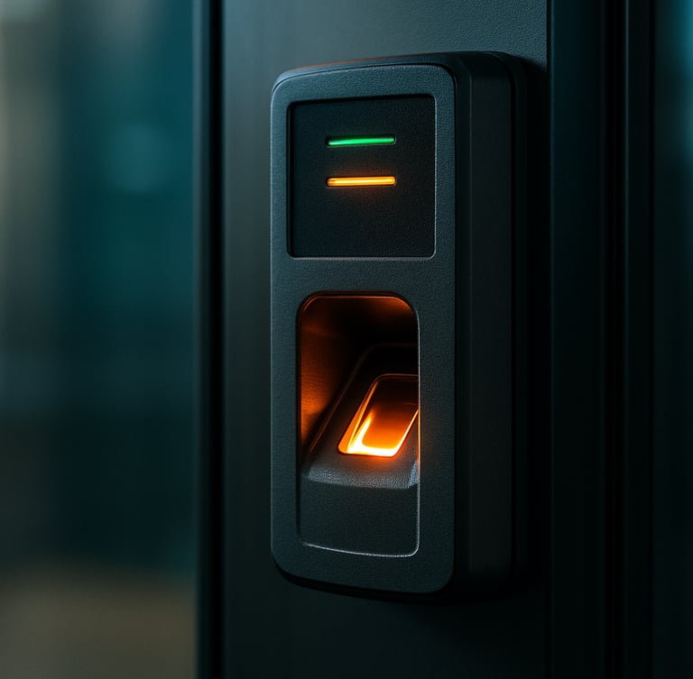 Macro close-up of a biometric access control scanner mounted on a modern glass door, technical status lights casting a sharp orange glow