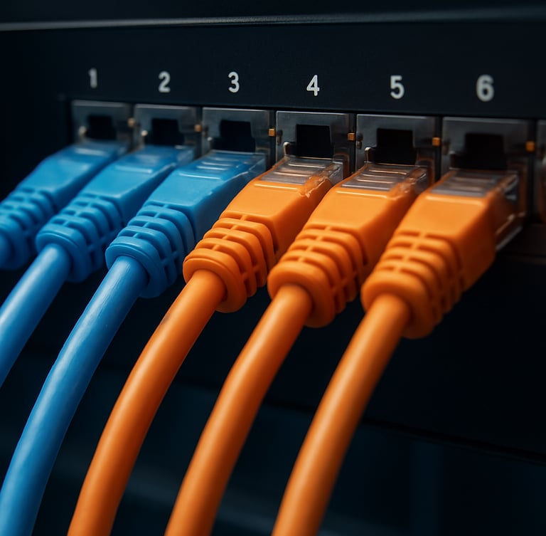Macro close-up of immaculate blue and orange ethernet cables terminated into a patch panel, cool studio lighting, sharp focus on RJ45 connectors.