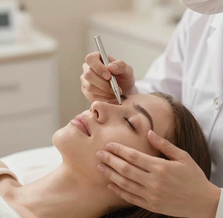 Close-up of a dermatologist performing a precise facial treatment, soft diffused warm daylight, elegant hands, clinical luxury environment, shallow depth of field.