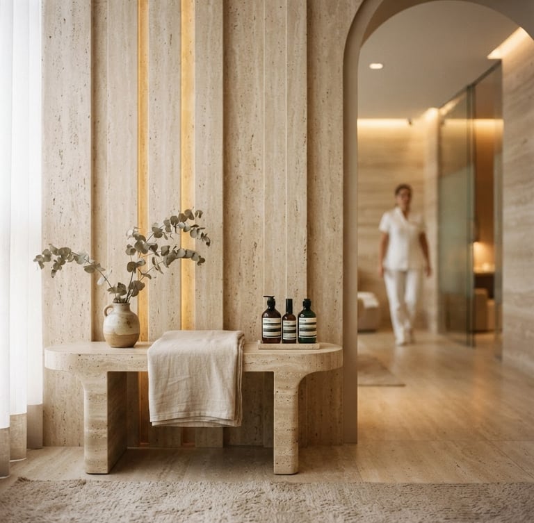 Elegant architectural interior of a premium clinical spa in Valinhos, soft warm indirect lighting, travertine stone surfaces, minimal luxury aesthetic, shallow depth of field.