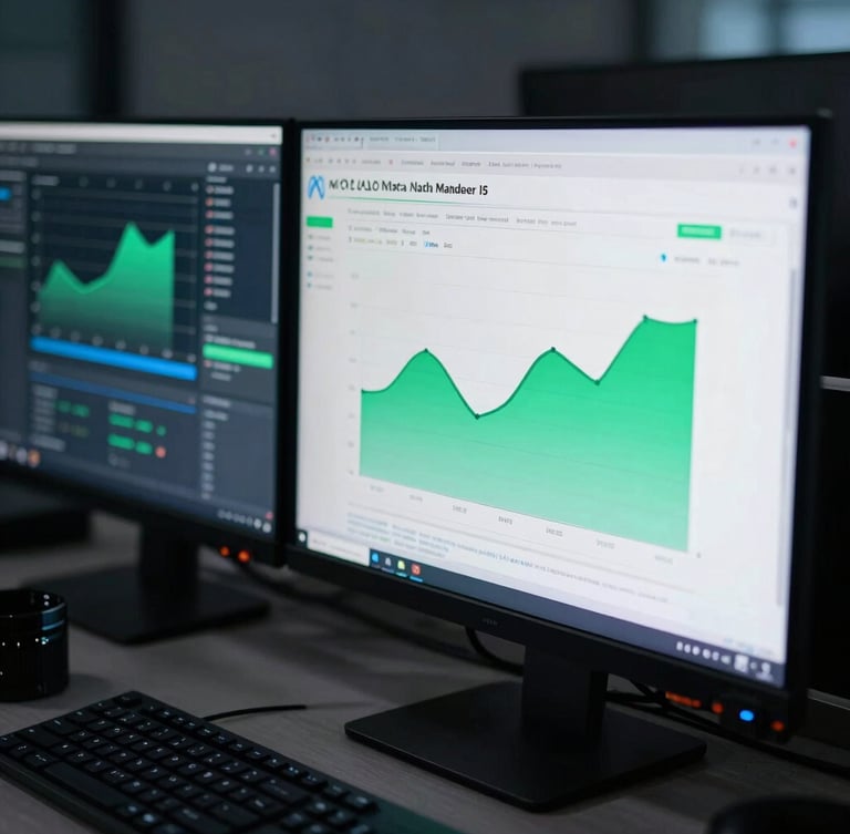 Cool-toned editorial photography of a dual-monitor workstation, active Meta Ads Manager dashboard displaying real-time tracking metrics and green performance graphs, sharp neon screen-glow reflections, 35mm lens