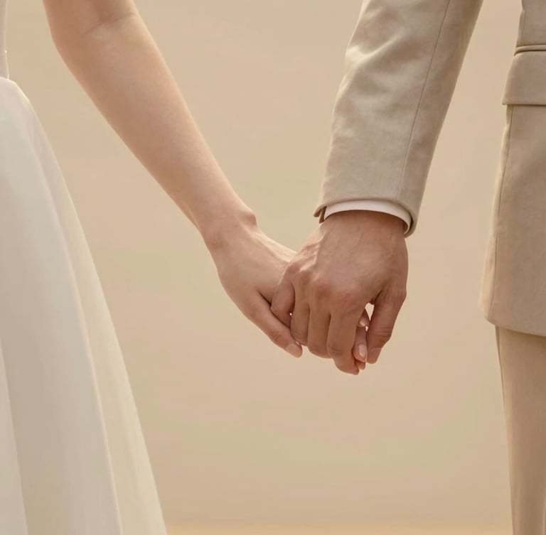 Hands of a bride and groom gently joined together, showing elegant wedding details, soft warm golden light, romantic and respectful atmosphere