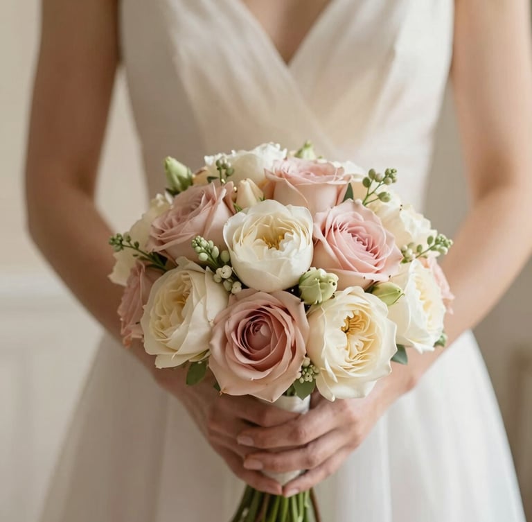 Elegant close-up of a bride's hands holding a soft pastel bouquet, warm diffused natural lighting, elegant wedding details, muted cream and rose tones.