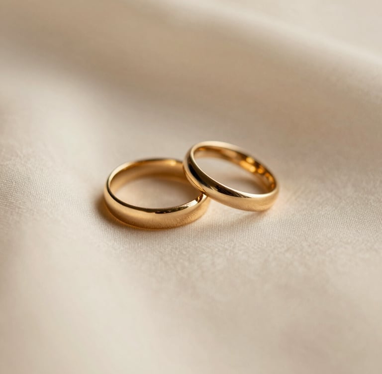 Close-up of elegant gold wedding rings resting on a soft cream fabric, warm diffused golden hour light, shallow depth of field, serene and premium editorial feel