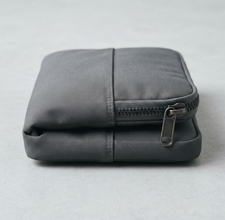 Crisp industrial product photography, bright clean studio light, a folded recycled nylon laptop sleeve showing precise double-stitching and heavy-duty metal zippers, neutral cool tones, sharp focus, 35mm