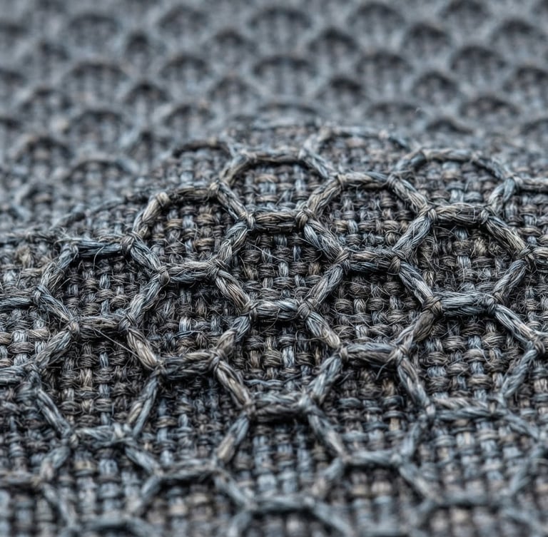 Macro photograph of high-durability recycled nylon weave, technical hexagonal pattern, bright clean studio light, neutral cool tones, sharp focus, 35mm