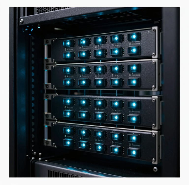 Extreme macro shot of high-security server rack hardware, sharp electric cyan LED indicator lights glowing in a low-key dark room, mathematically structured node networks faintly visible in background.