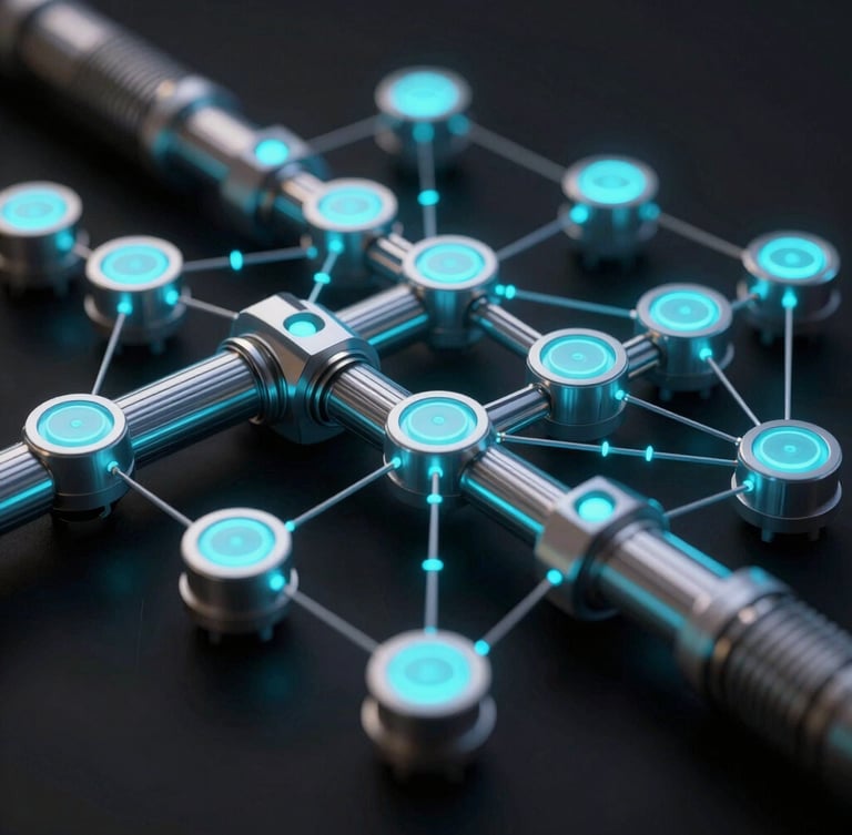 Extreme macro 3D visualization of structured data pipelines and node networks with electric cyan indicators on absolute black background.