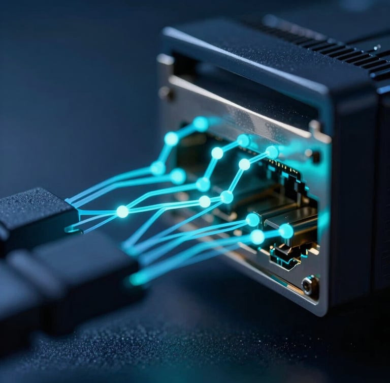 Macro close-up of a high-tech network interface displaying glowing cyan data streams and node connections against a dark blue background.