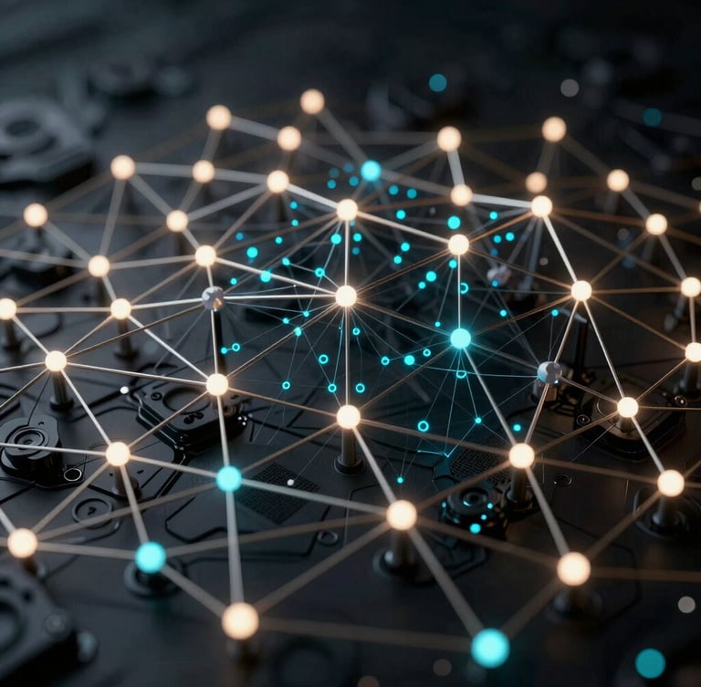 High-fidelity abstract 3D visualization of a structured node network with cool-toned LED indicators and sharp electric cyan data-indicators, dark-mode environment