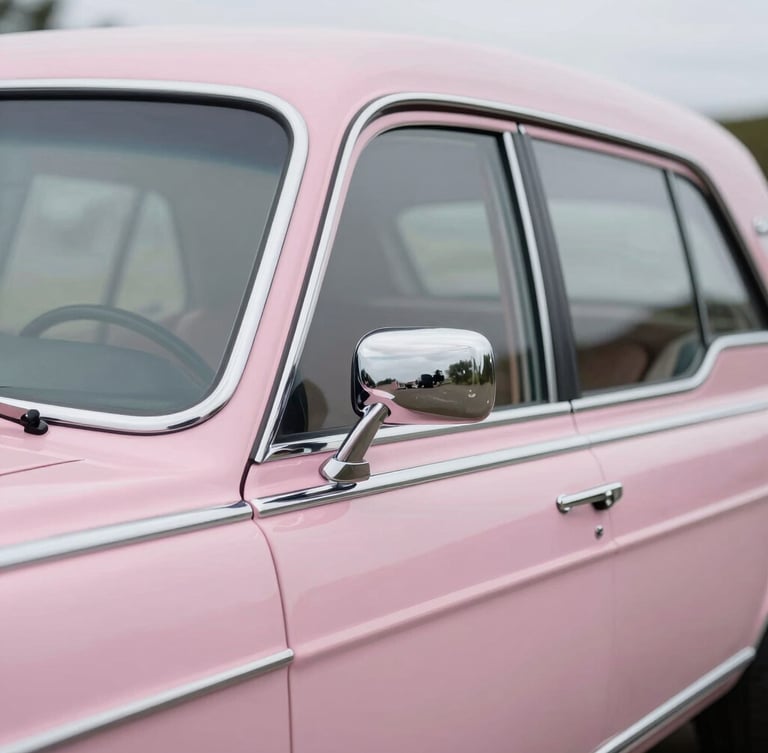 Close-up detail shot of polished chrome accents and the soft pastel pink paintwork of the hearse, shallow depth of field, soft overcast light.