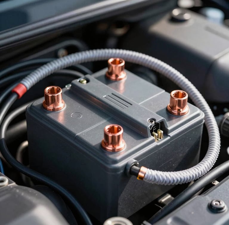 Tight macro shot of a clean 12V dual-battery wiring harness, showing neat copper crimp lugs, heat-shrink tubing, and braided sleeving in a vehicle engine bay, high-contrast industrial lighting.