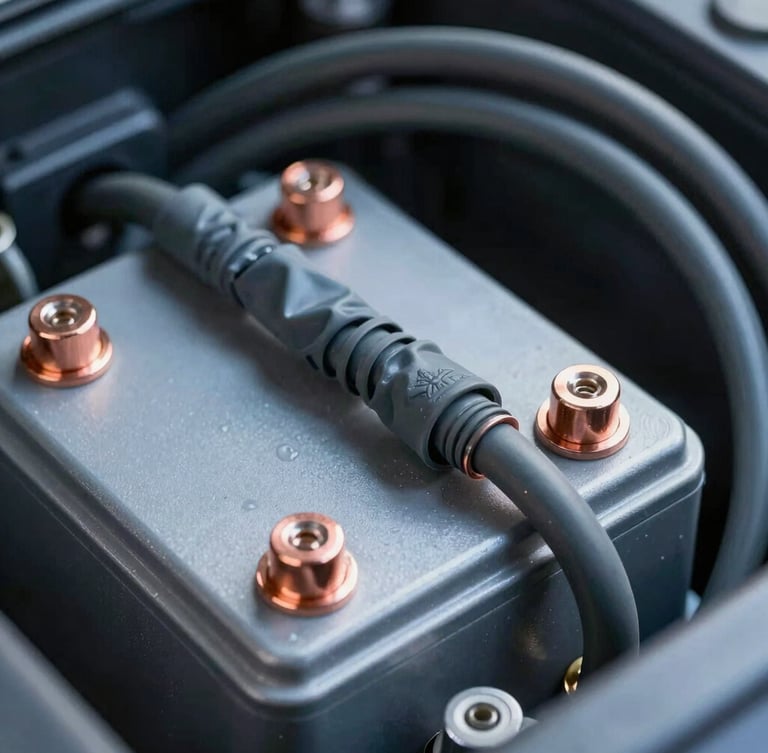 Tight macro shot of a clean 4WD dual-battery installation with neatly routed heavy-duty cabling, copper terminals, and heat-shrink connections under crisp cool daylight.